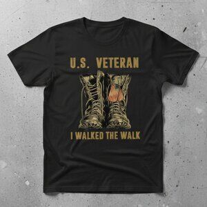 US Veteran I Walked The Walk Combat Boots Dog Tag Patriotic Graphic Tee Black